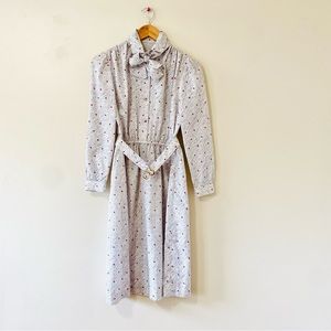 Vintage 60s Long Sleeve Dress Geometric Dot Belted Tie Neck Petite Medium